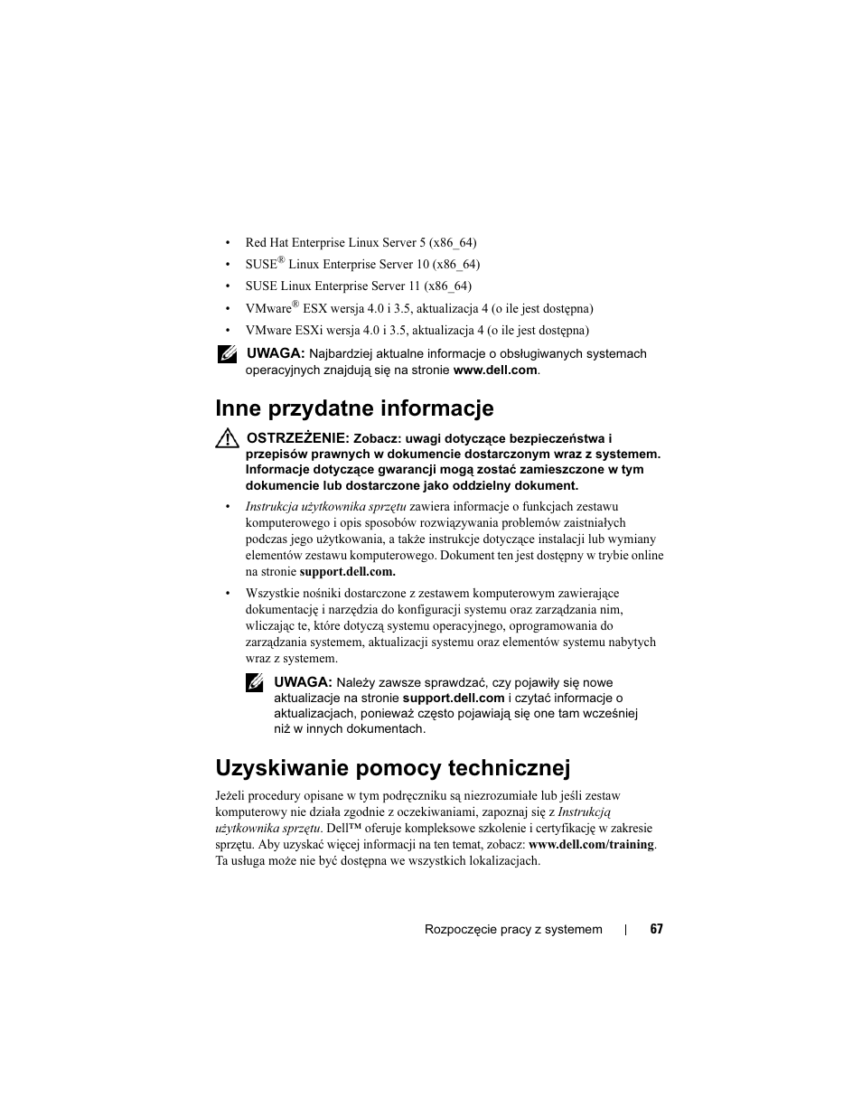 Inne przydatne informacje, Uzyskiwanie pomocy technicznej | Dell PowerEdge T410 User Manual | Page 69 / 122