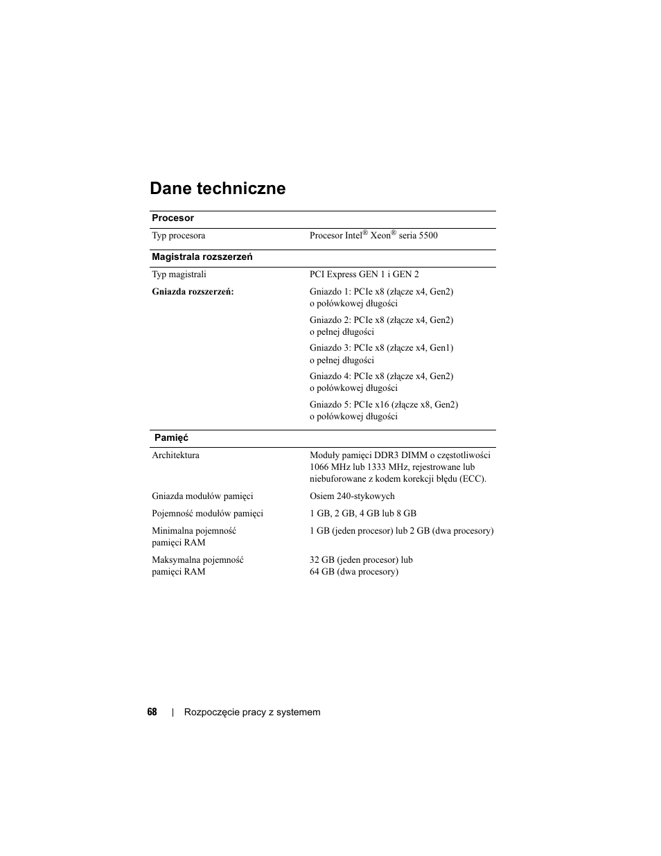 Dane techniczne | Dell PowerEdge T410 User Manual | Page 70 / 122