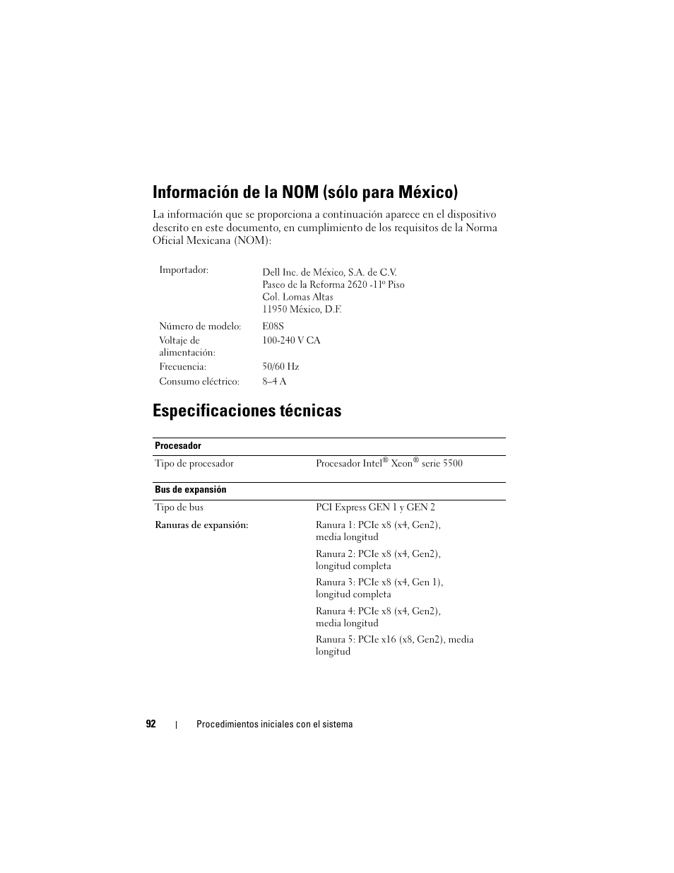 Información de la nom (sólo para méxico), Especificaciones técnicas | Dell PowerEdge T410 User Manual | Page 94 / 122