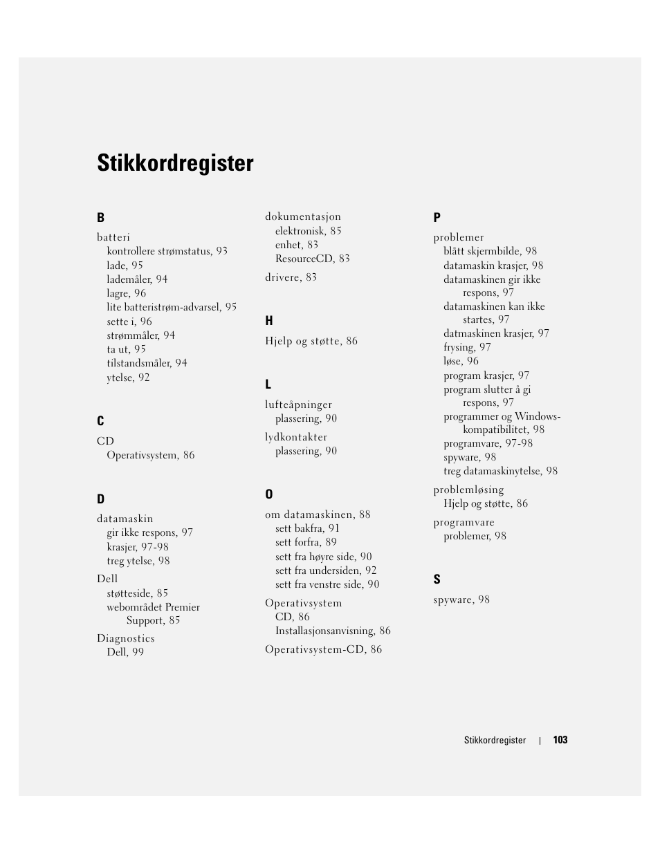 Stikkordregister | Dell Latitude D810 User Manual | Page 103 / 208
