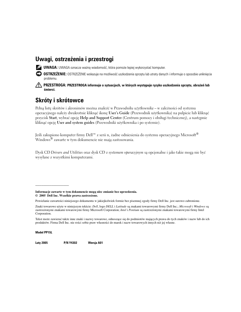 Uwagi, ostrzeżenia i przestrogi, Skróty i skrótowce | Dell Latitude D810 User Manual | Page 106 / 208