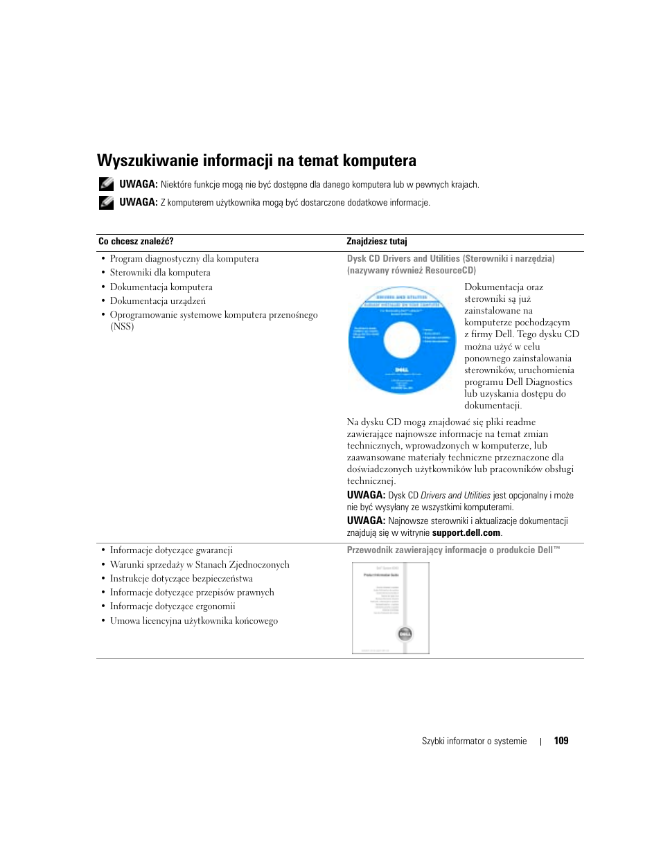Wyszukiwanie informacji na temat komputera | Dell Latitude D810 User Manual | Page 109 / 208