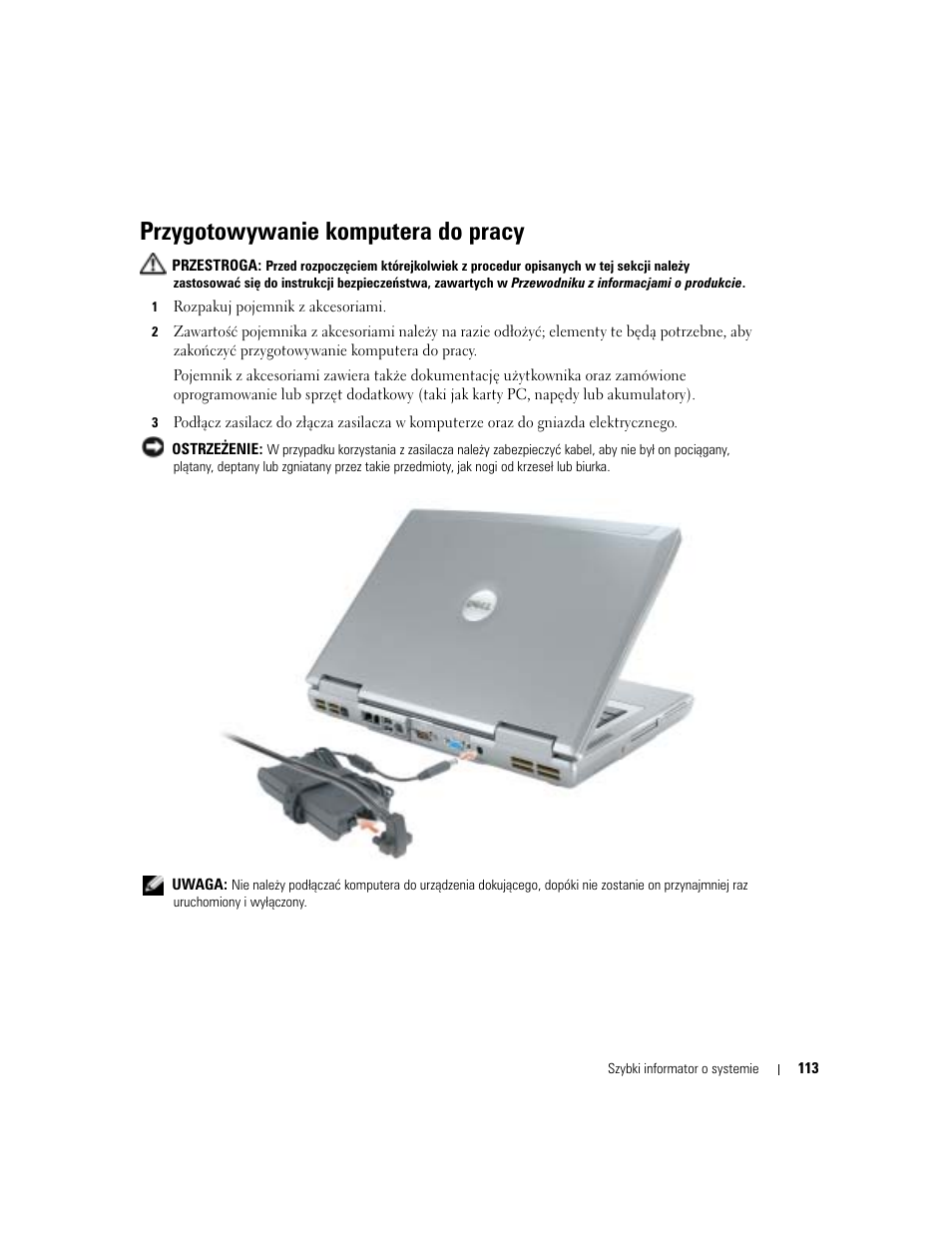 Przygotowywanie komputera do pracy | Dell Latitude D810 User Manual | Page 113 / 208