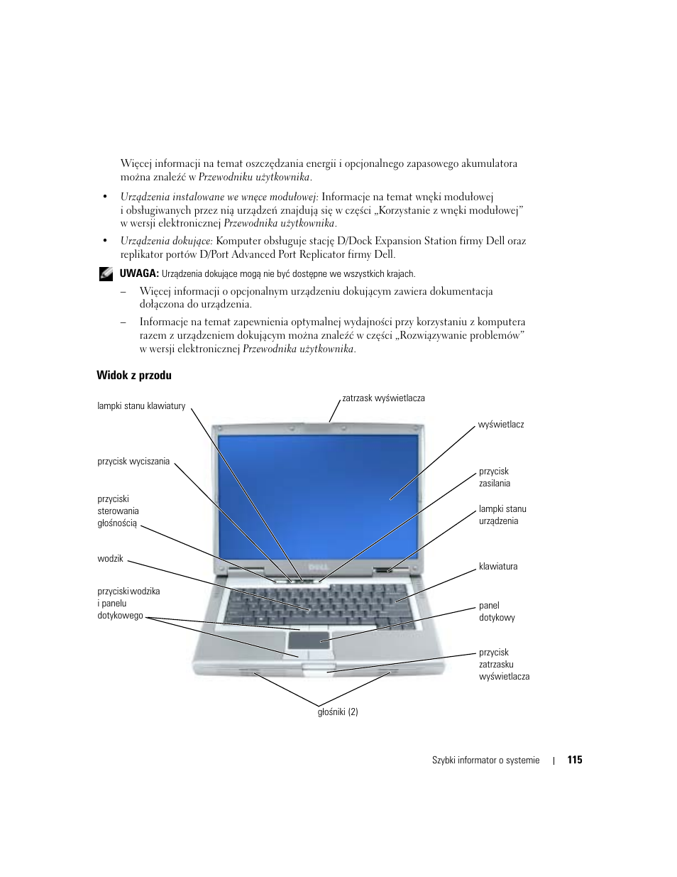 Widok z przodu | Dell Latitude D810 User Manual | Page 115 / 208