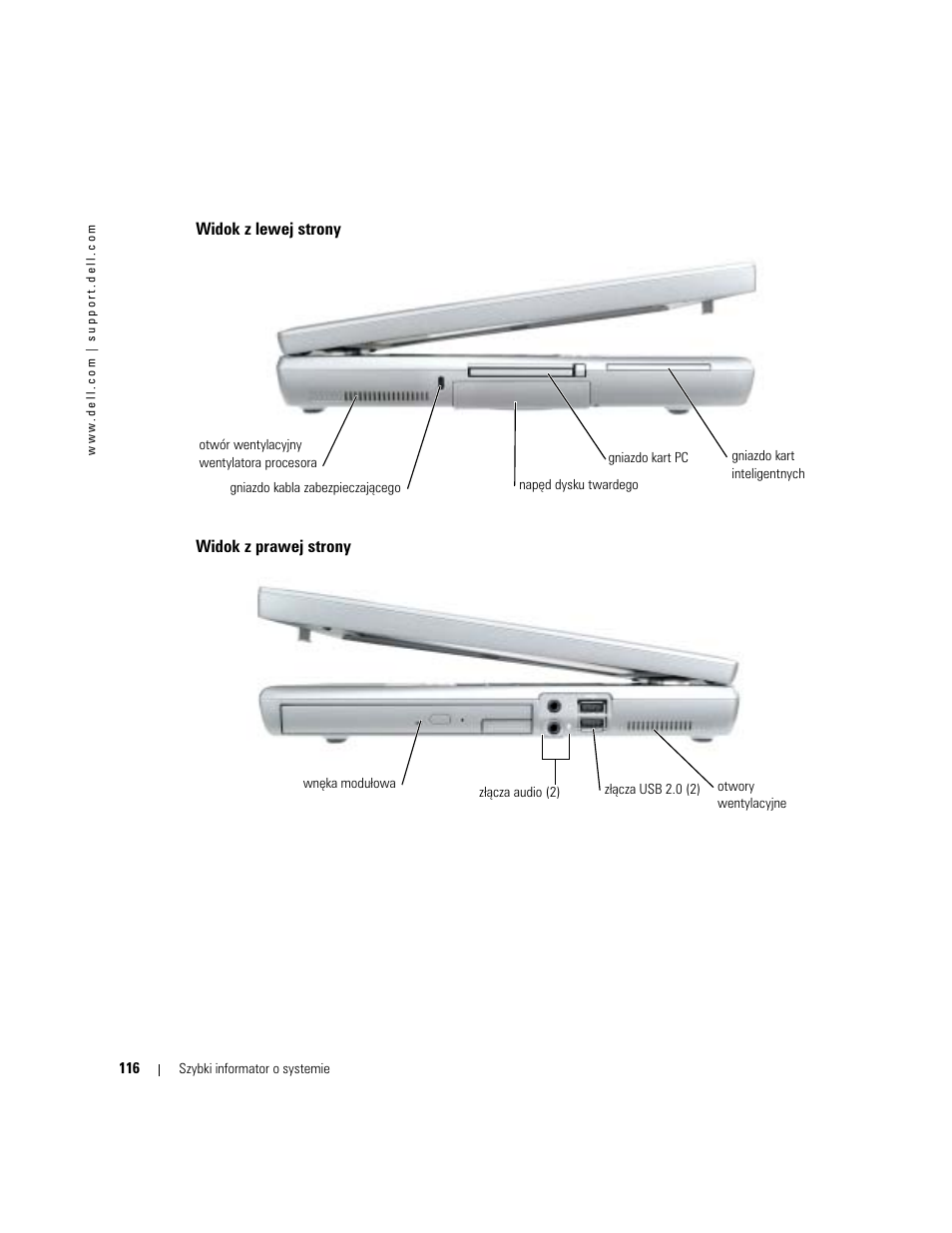 Widok z lewej strony, Widok z prawej strony | Dell Latitude D810 User Manual | Page 116 / 208