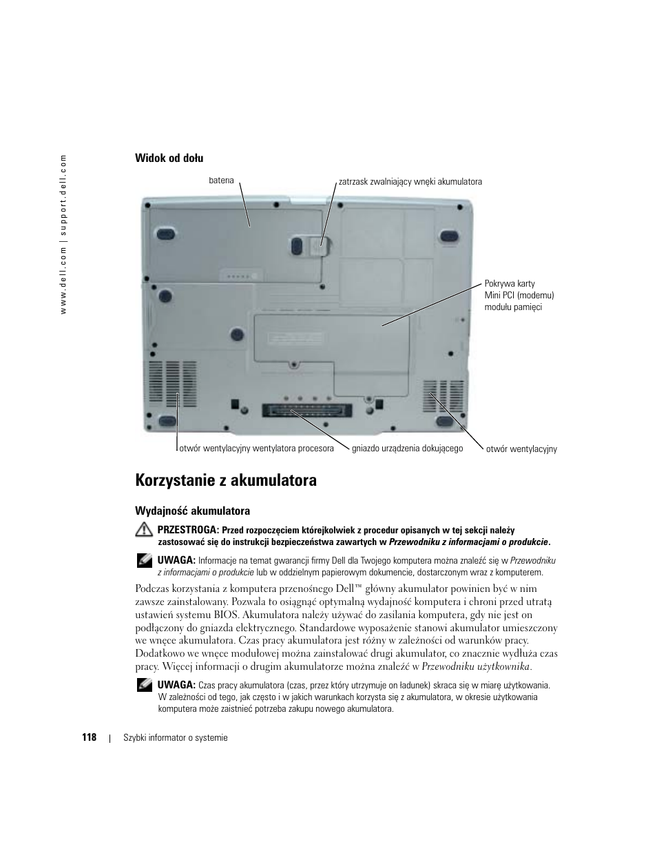 Widok od do¸u, Korzystanie z akumulatora, Wydajnoœæ akumulatora | Widok od dołu, Wydajność akumulatora | Dell Latitude D810 User Manual | Page 118 / 208