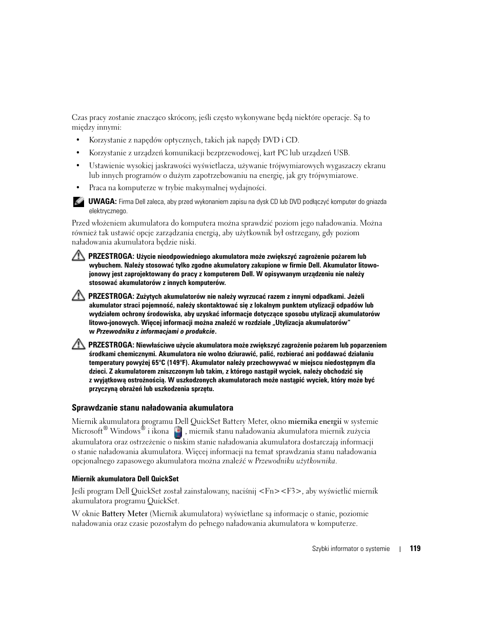 Sprawdzanie stanu na¸adowania akumulatora, Sprawdzanie stanu naładowania akumulatora | Dell Latitude D810 User Manual | Page 119 / 208