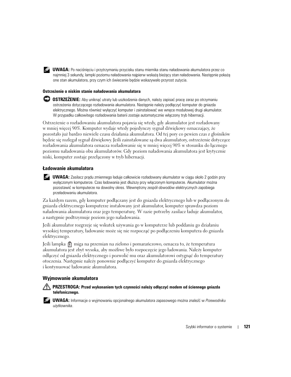 Adowanie akumulatora, Wyjmowanie akumulatora, Ładowanie akumulatora | Dell Latitude D810 User Manual | Page 121 / 208