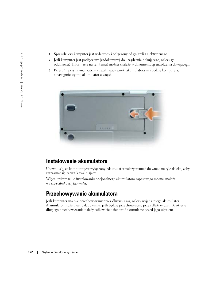 Instalowanie akumulatora, Przechowywanie akumulatora | Dell Latitude D810 User Manual | Page 122 / 208