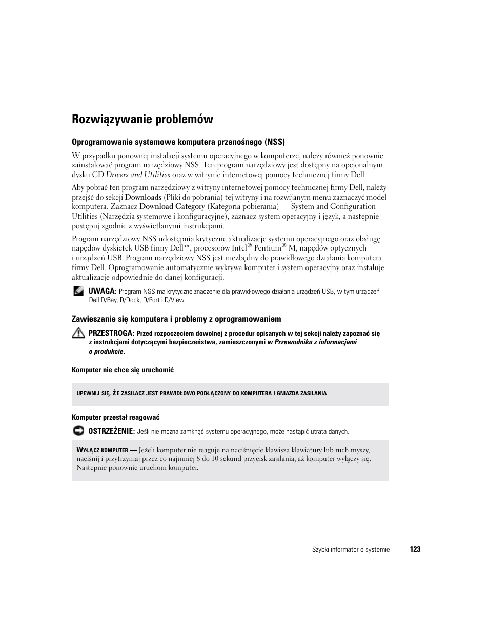 Rozwiązywanie problemów | Dell Latitude D810 User Manual | Page 123 / 208