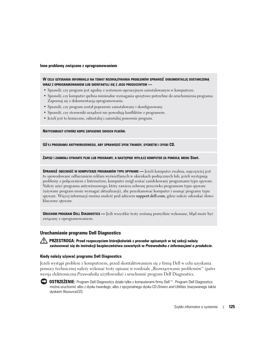 Uruchamianie programu dell diagnostics | Dell Latitude D810 User Manual | Page 125 / 208