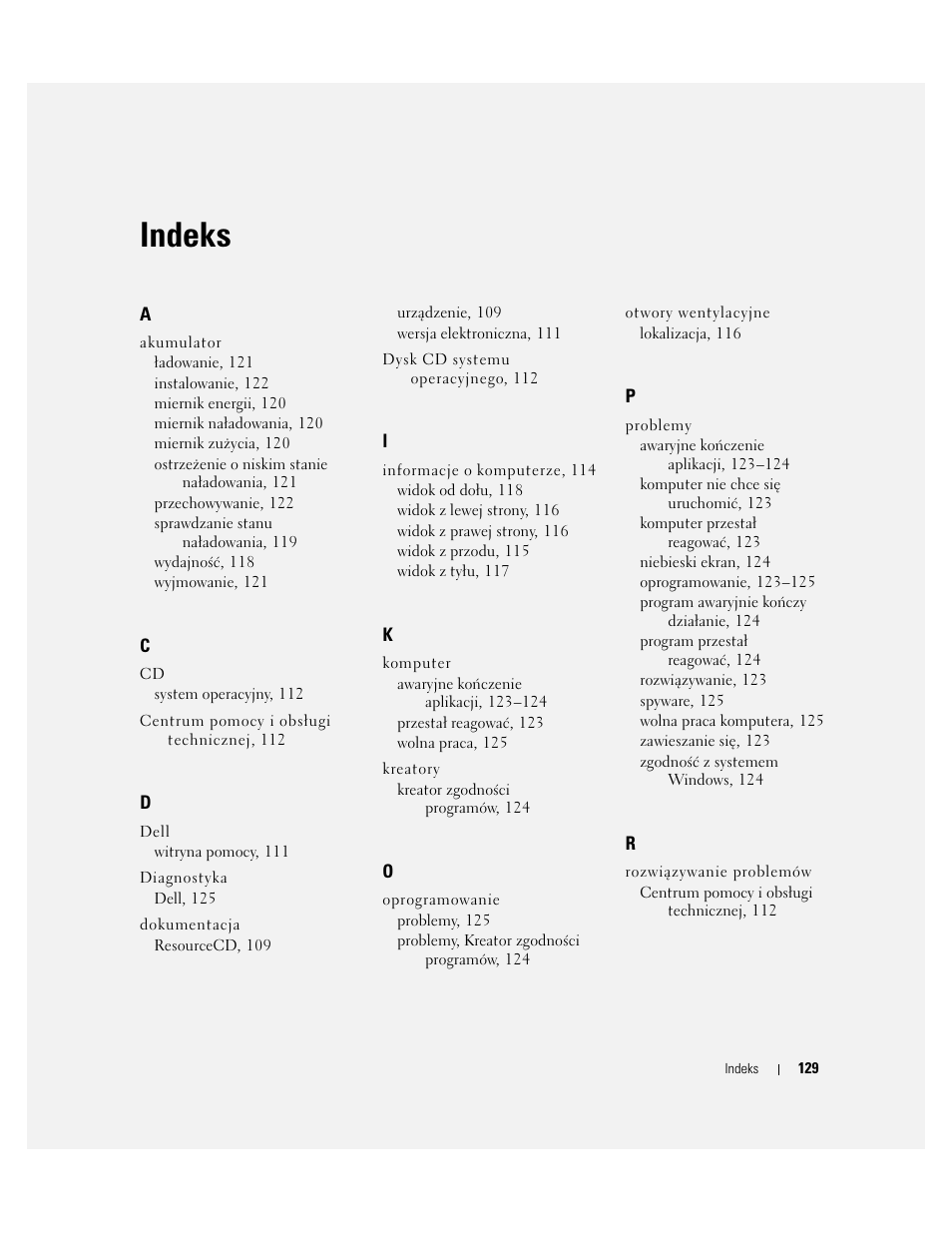 Indeks | Dell Latitude D810 User Manual | Page 129 / 208