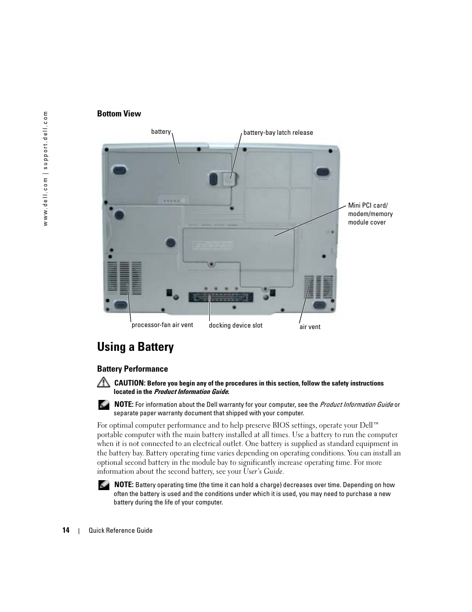 Bottom view, Using a battery, Battery performance | Dell Latitude D810 User Manual | Page 14 / 208