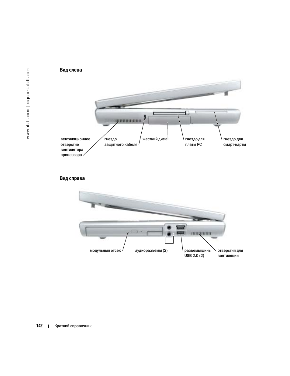 Вид слева, Вид справа | Dell Latitude D810 User Manual | Page 142 / 208
