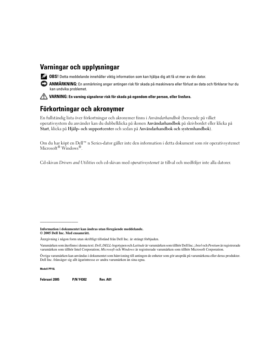 Varningar och upplysningar, Förkortningar och akronymer | Dell Latitude D810 User Manual | Page 158 / 208