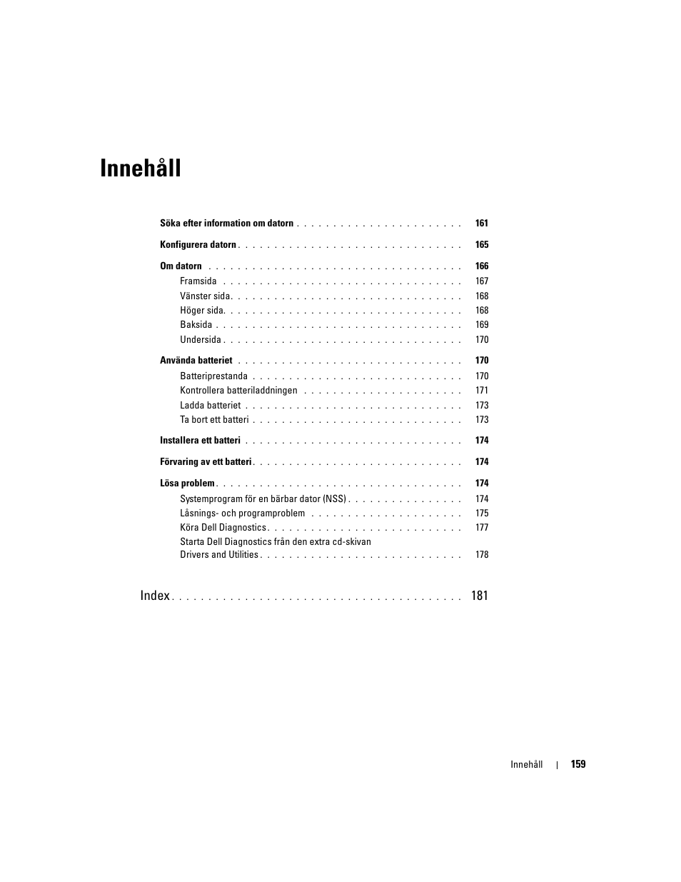 Innehåll, Index | Dell Latitude D810 User Manual | Page 159 / 208