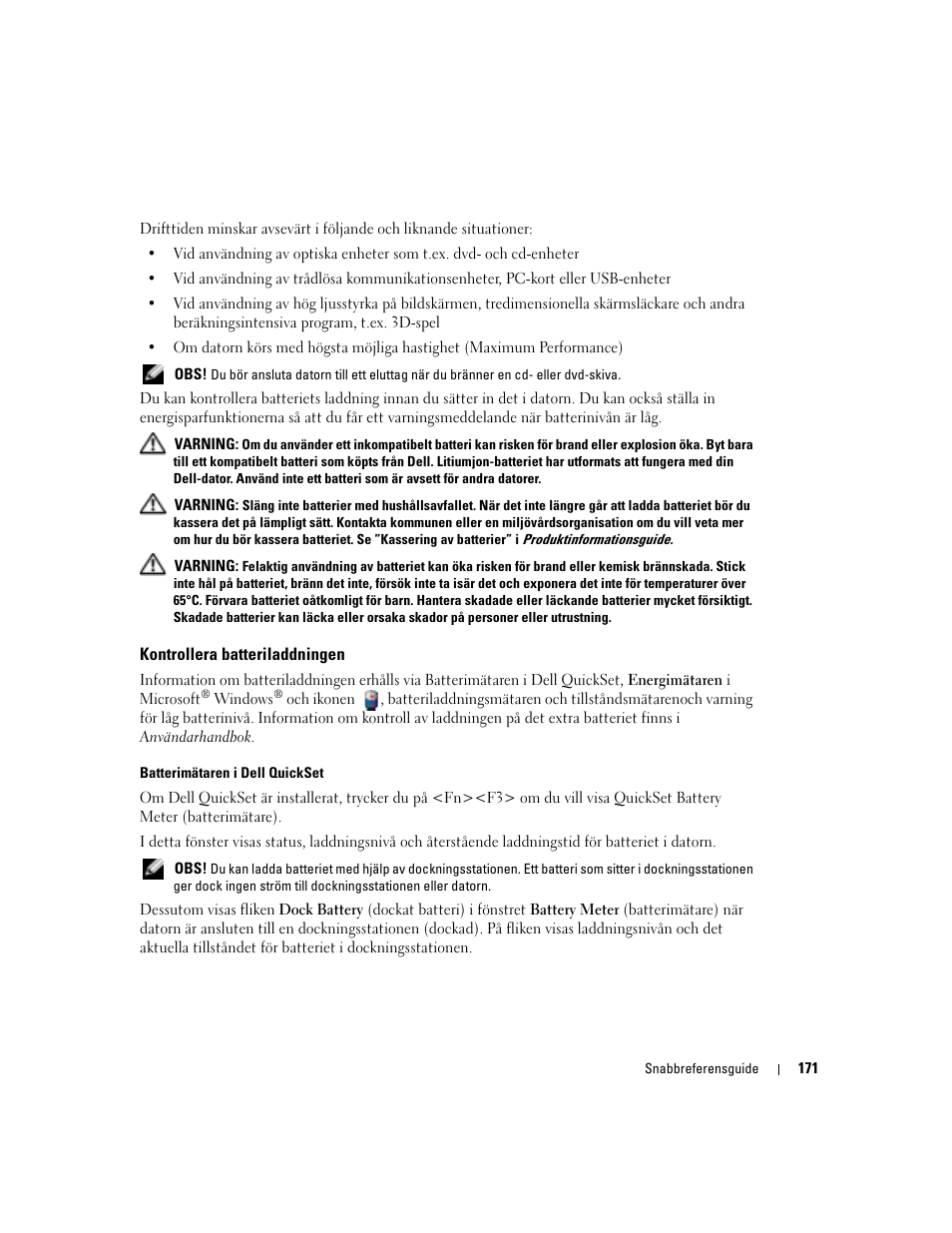 Kontrollera batteriladdningen | Dell Latitude D810 User Manual | Page 171 / 208