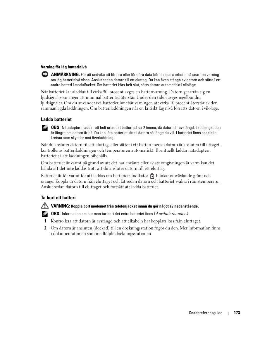 Ladda batteriet, Ta bort ett batteri | Dell Latitude D810 User Manual | Page 173 / 208