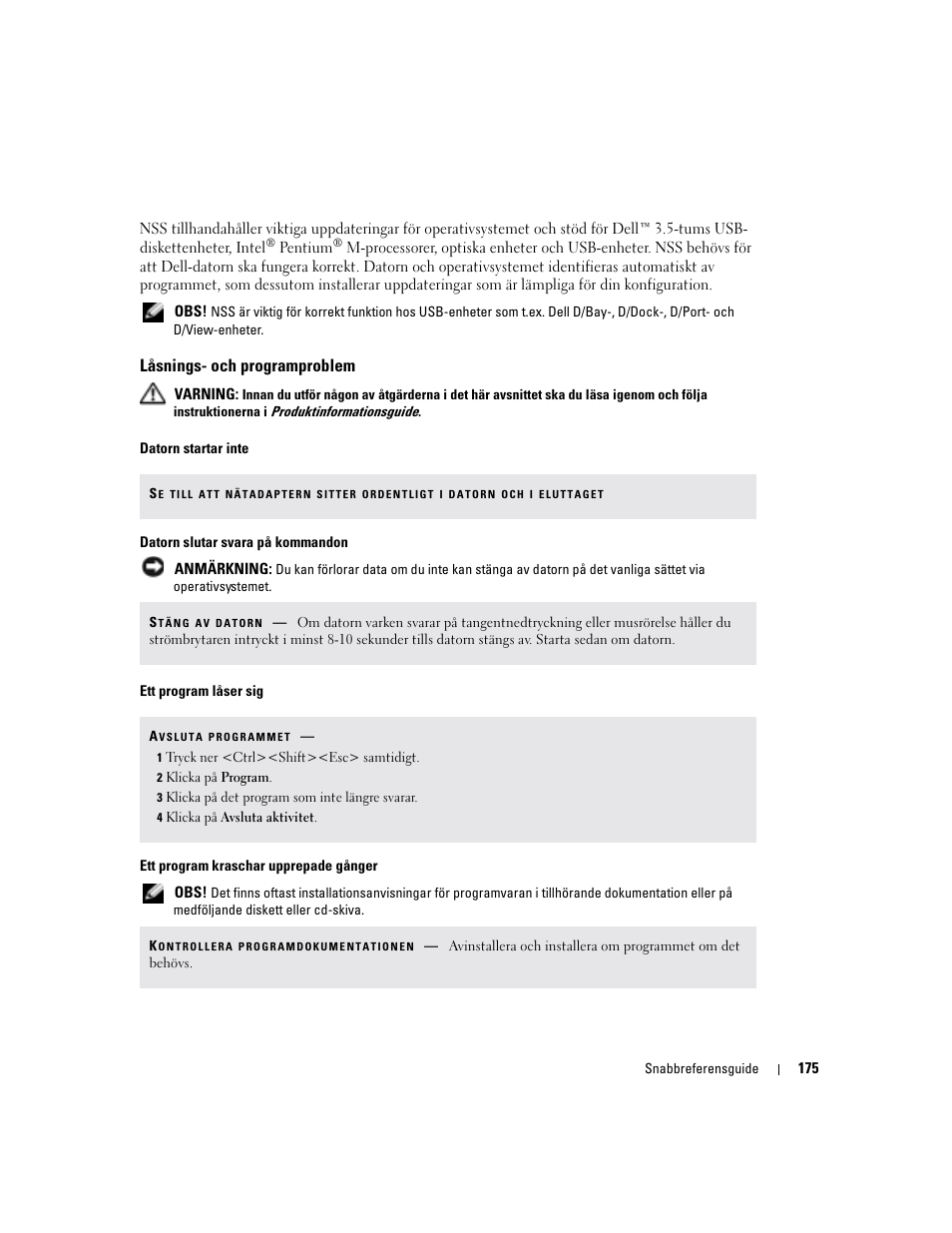 Låsnings- och programproblem | Dell Latitude D810 User Manual | Page 175 / 208