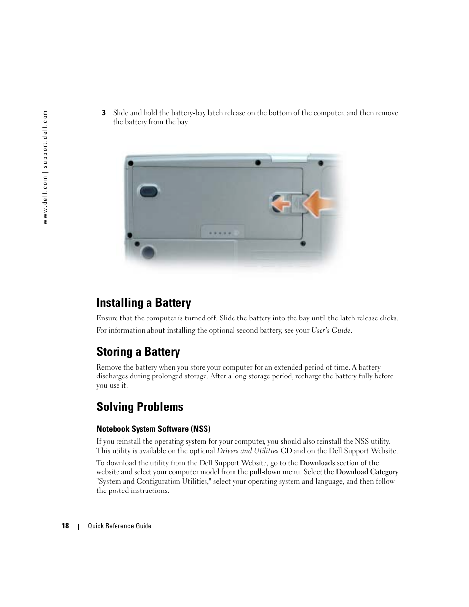 Installing a battery, Storing a battery, Solving problems | Notebook system software (nss) | Dell Latitude D810 User Manual | Page 18 / 208