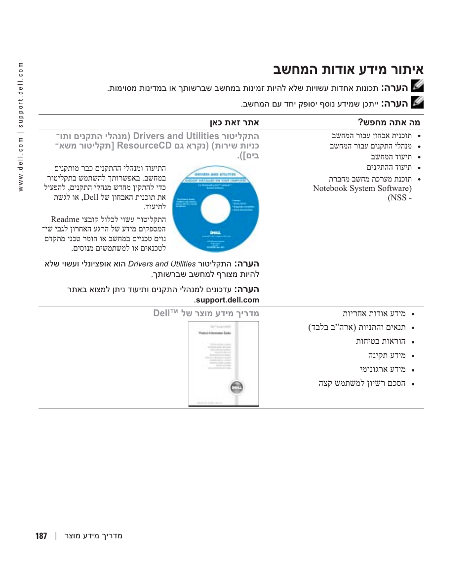 איתור מידע אודות המחשב, בשחמה תודוא עדימ רותיא, הרעה | שפחמ התא המ ןאכ תאז רתא, תוירחא תודוא עדימ, דבלב ב”הרא) תוינתהו םיאנת, תוחיטב תוארוה, הניקת עדימ, ימונוגרא עדימ, הצק שמתשמל ןוישר םכסה | Dell Latitude D810 User Manual | Page 204 / 208