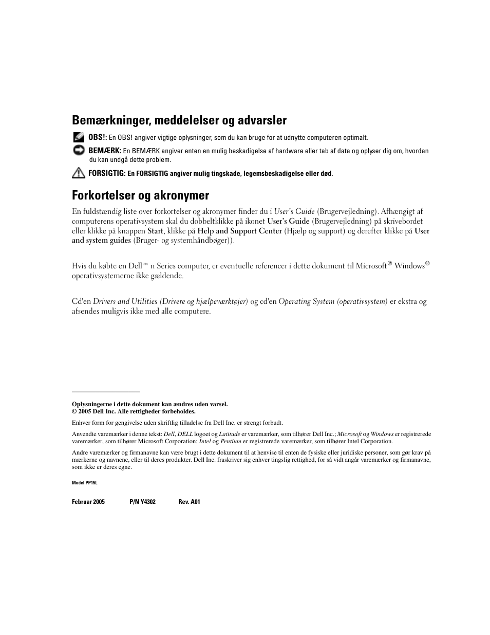 Bemærkninger, meddelelser og advarsler, Forkortelser og akronymer | Dell Latitude D810 User Manual | Page 28 / 208