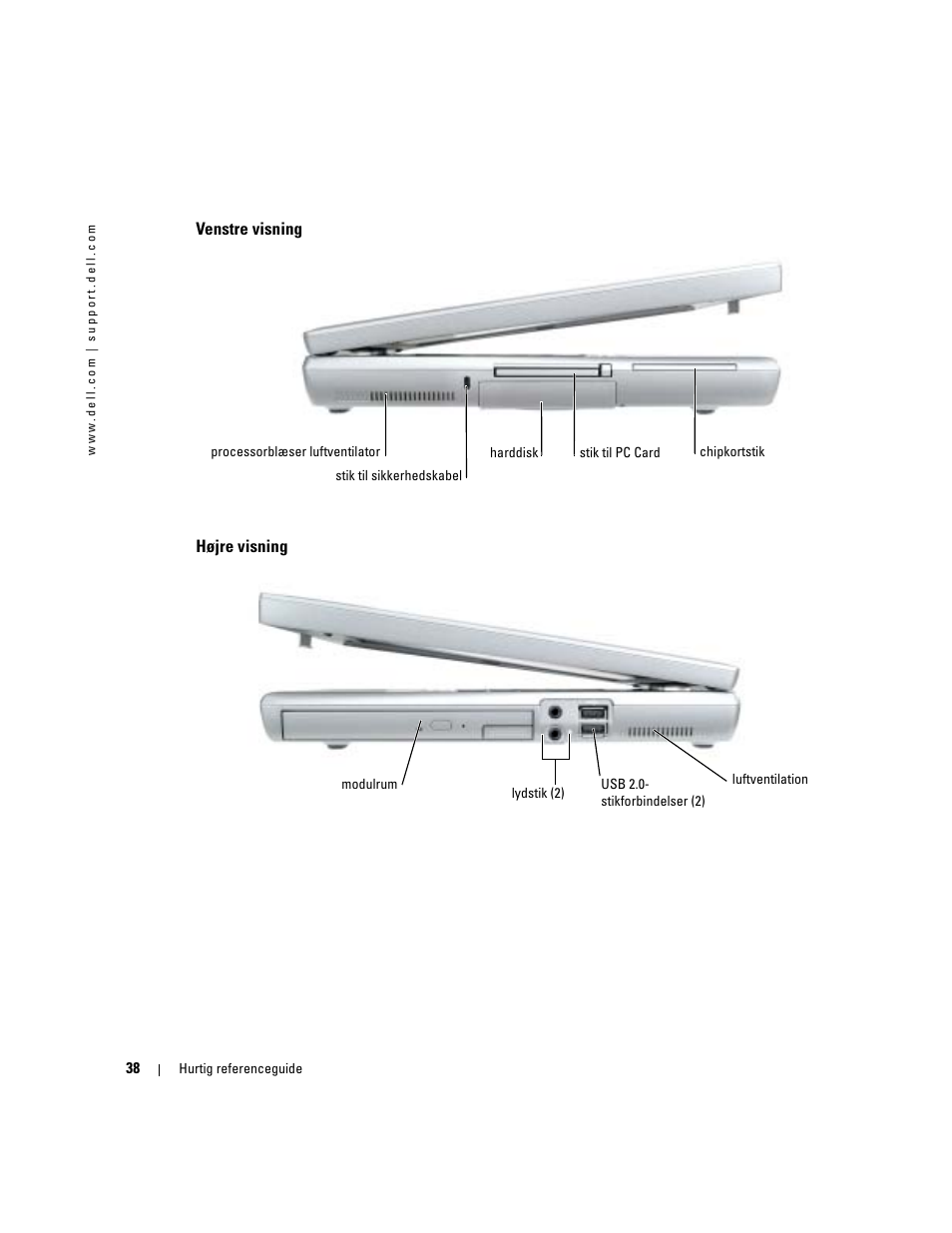 Venstre visning, Højre visning | Dell Latitude D810 User Manual | Page 38 / 208