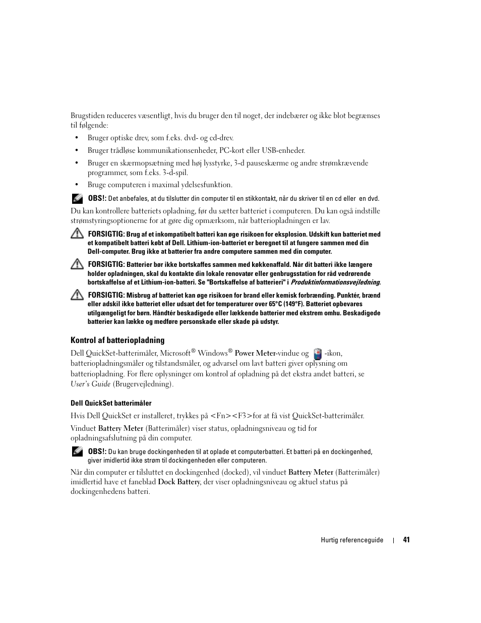 Kontrol af batteriopladning | Dell Latitude D810 User Manual | Page 41 / 208
