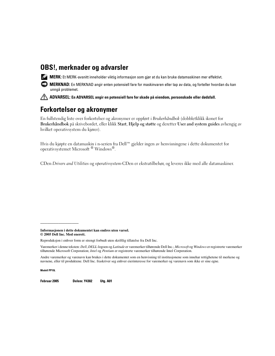 Obs!, merknader og advarsler, Forkortelser og akronymer | Dell Latitude D810 User Manual | Page 80 / 208