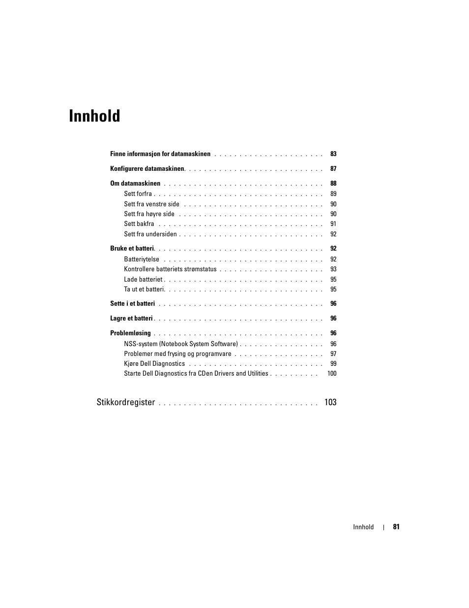 Innhold, Stikkordregister | Dell Latitude D810 User Manual | Page 81 / 208