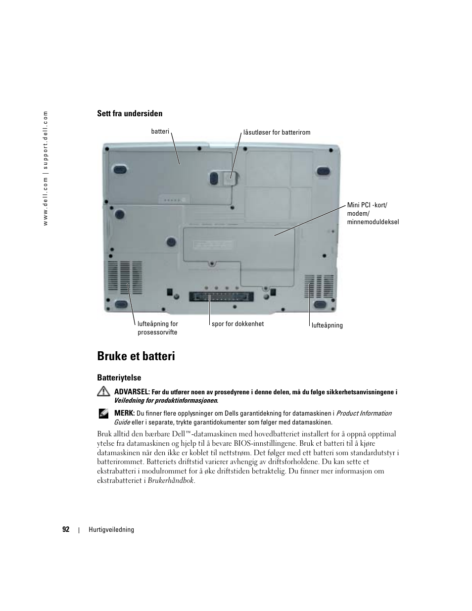 Sett fra undersiden, Bruke et batteri, Batteriytelse | Dell Latitude D810 User Manual | Page 92 / 208