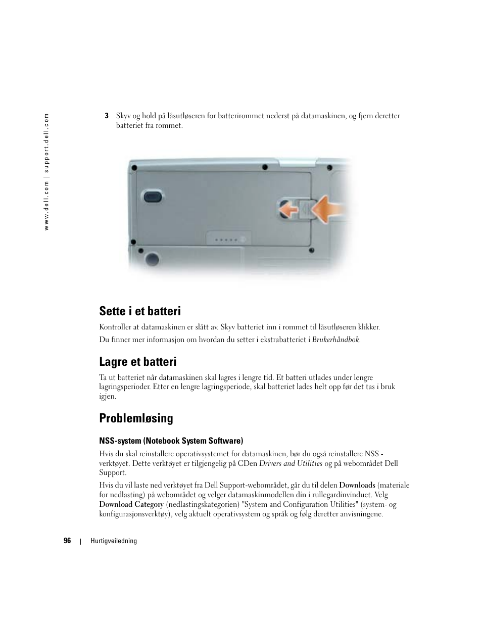 Sette i et batteri, Lagre et batteri, Problemløsing | Nss-system (notebook system software) | Dell Latitude D810 User Manual | Page 96 / 208