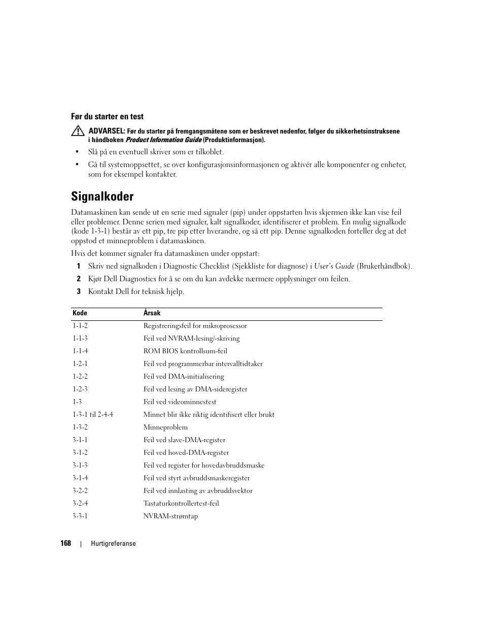 Før du starter en test, Signalkoder | Dell Precision 690 User Manual | Page 168 / 360