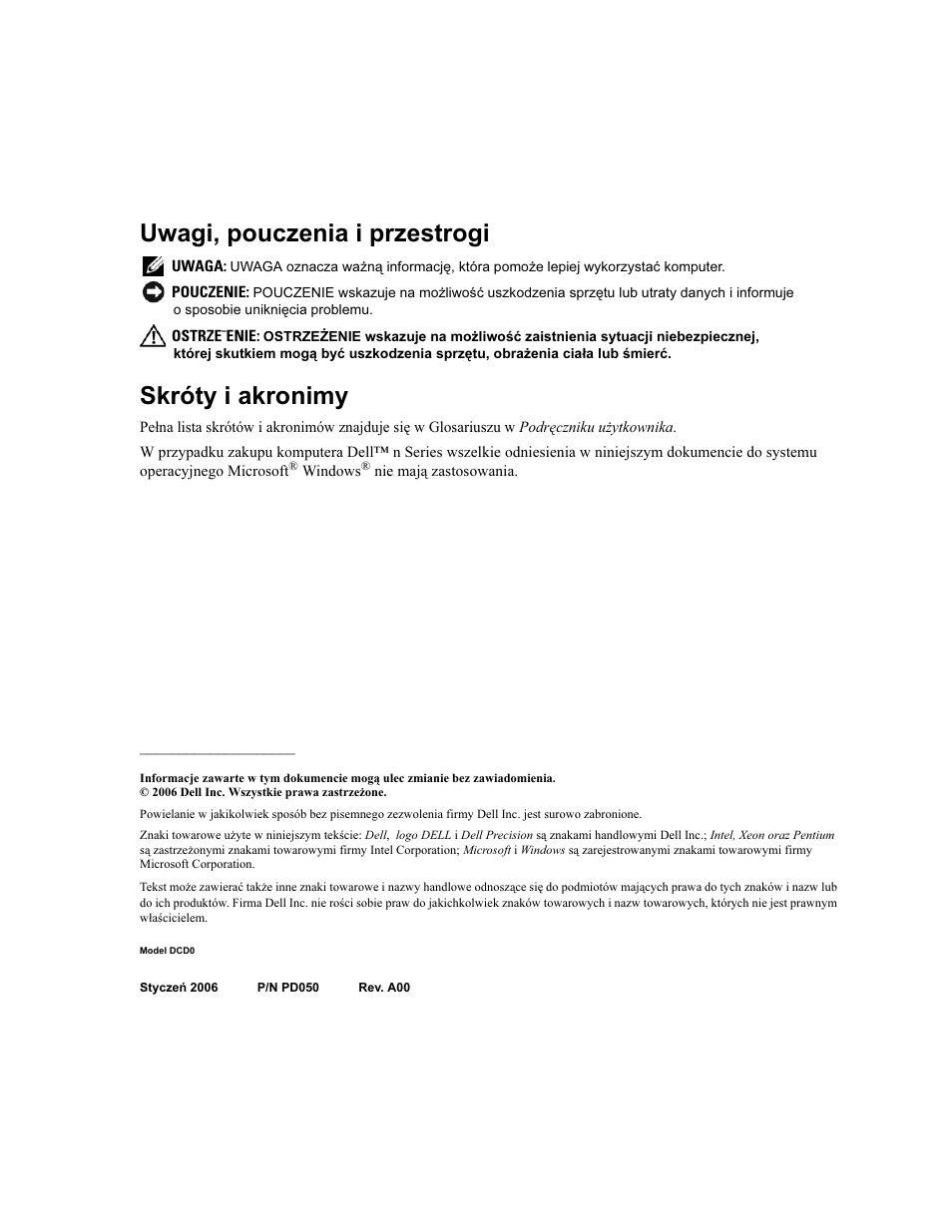 Uwagi, pouczenia i przestrogi, Skróty i akronimy | Dell Precision 690 User Manual | Page 182 / 360