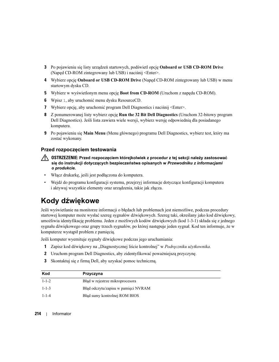 Przed rozpoczęciem testowania, Kody dźwiękowe | Dell Precision 690 User Manual | Page 214 / 360