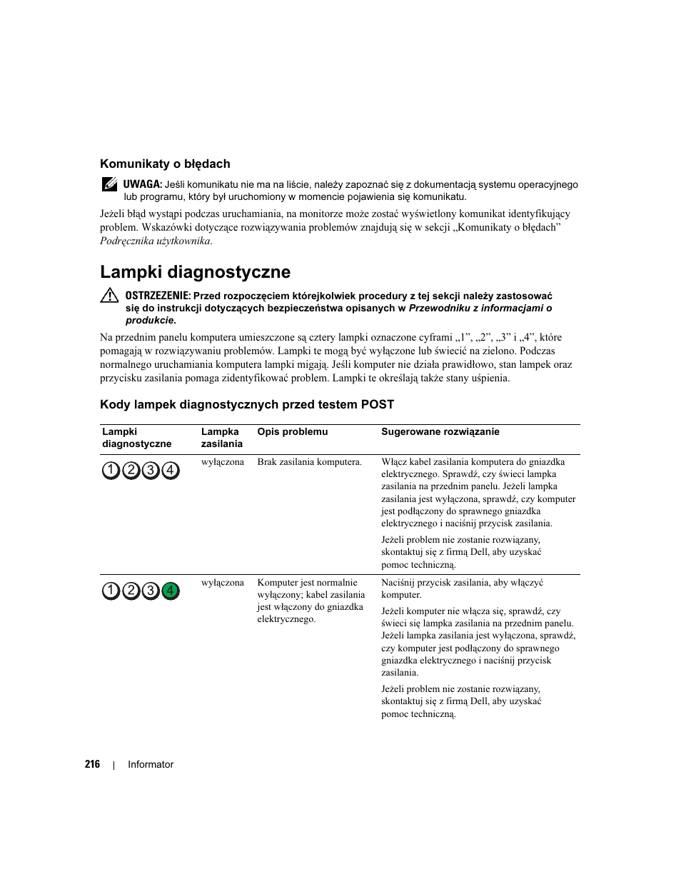 Komunikaty o błędach, Lampki diagnostyczne, Kody lampek diagnostycznych przed testem post | Dell Precision 690 User Manual | Page 216 / 360