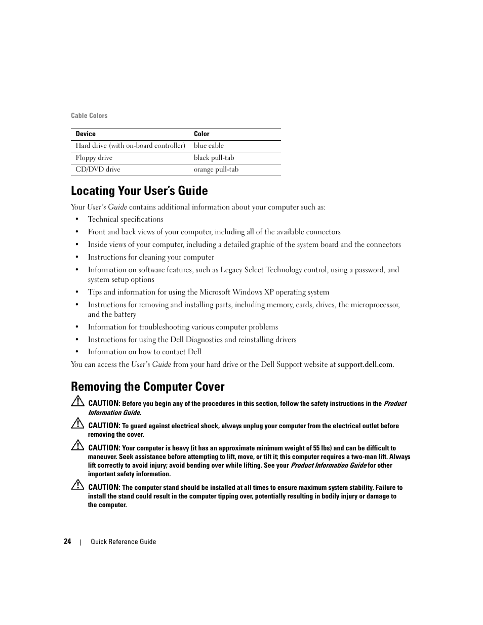 Locating your user’s guide, Removing the computer cover | Dell Precision 690 User Manual | Page 24 / 360