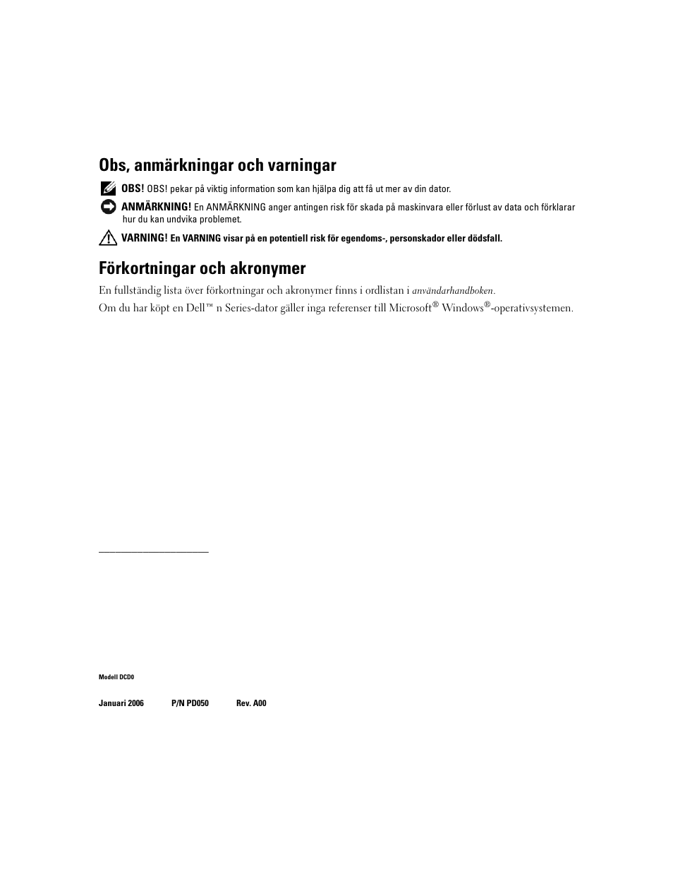 Obs, anmärkningar och varningar, Förkortningar och akronymer | Dell Precision 690 User Manual | Page 274 / 360