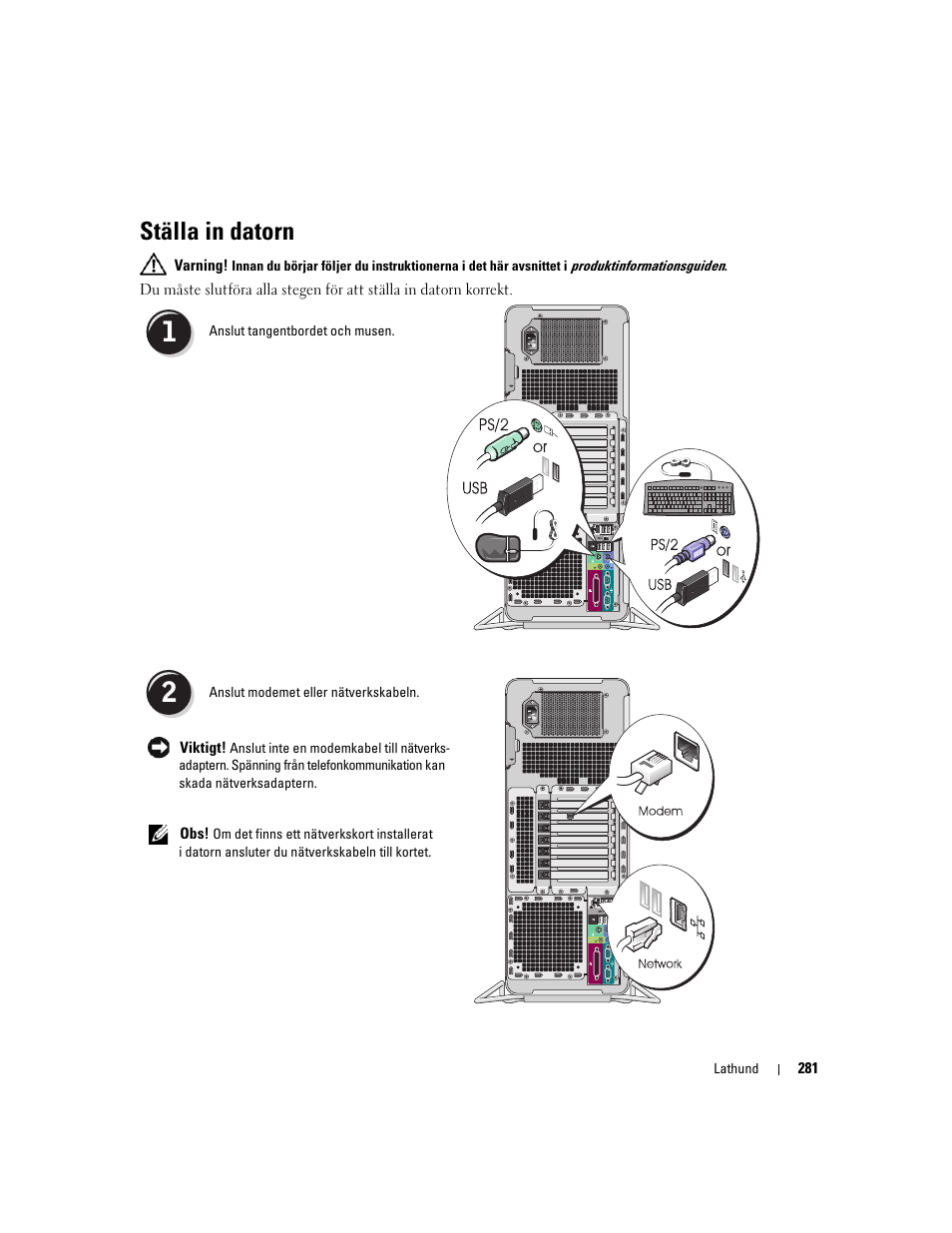 Ställa in datorn | Dell Precision 690 User Manual | Page 281 / 360