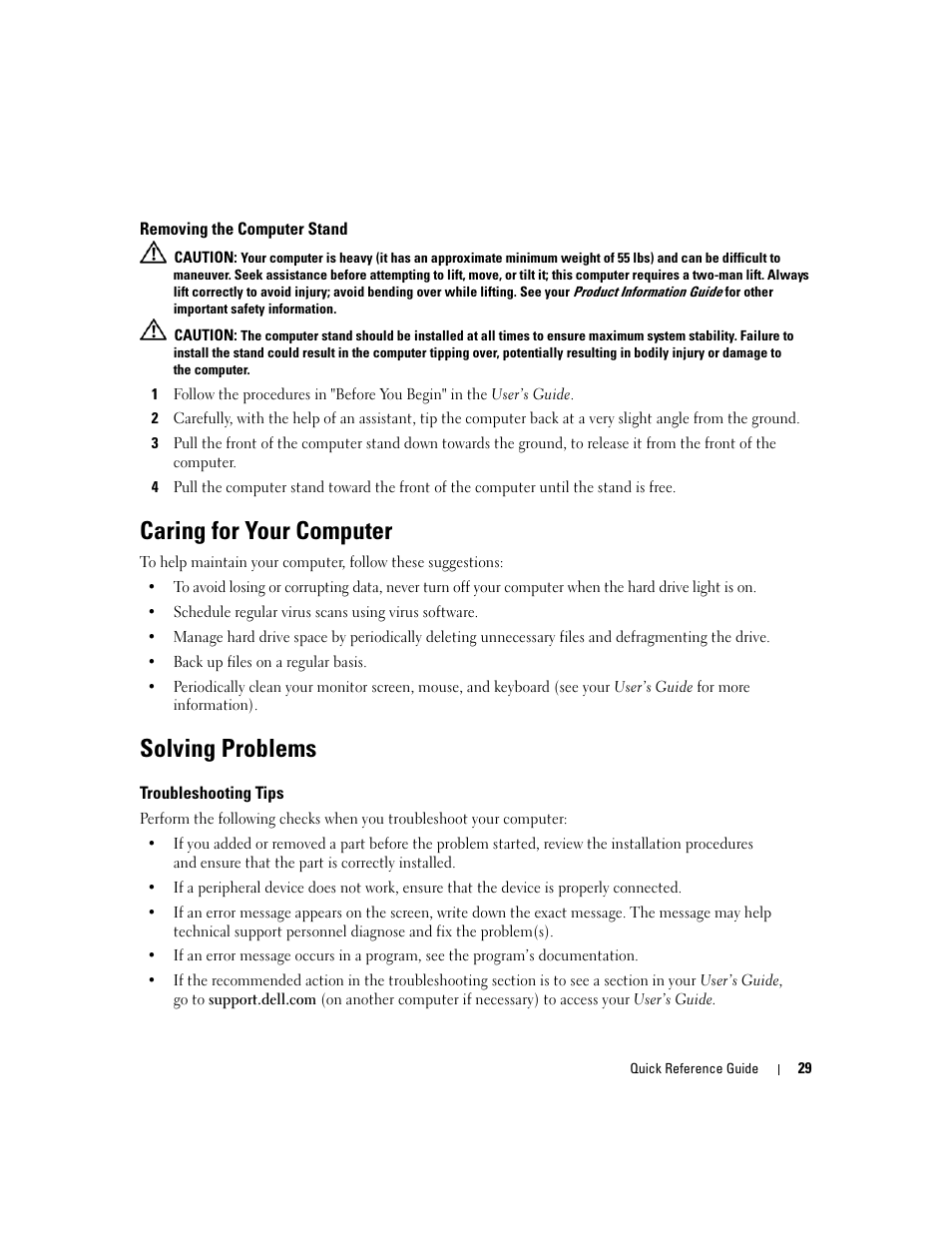 Removing the computer stand, Caring for your computer, Solving problems | Troubleshooting tips | Dell Precision 690 User Manual | Page 29 / 360