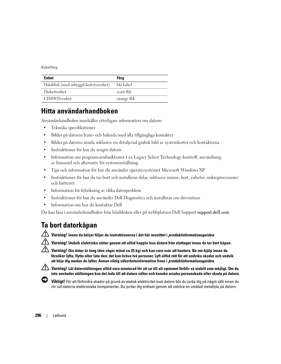 Hitta användarhandboken, Ta bort datorkåpan | Dell Precision 690 User Manual | Page 296 / 360