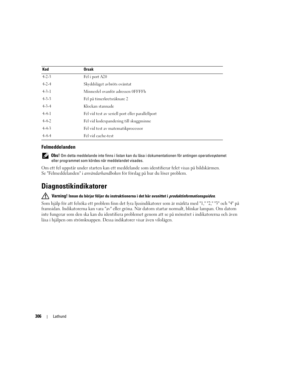 Felmeddelanden, Diagnostikindikatorer | Dell Precision 690 User Manual | Page 306 / 360