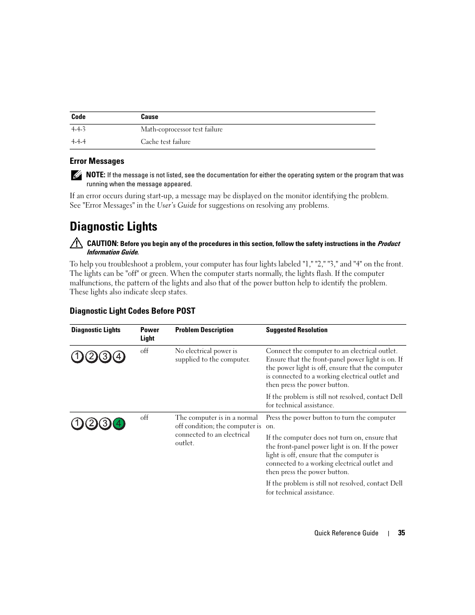 Error messages, Diagnostic lights, Diagnostic light codes before post | Dell Precision 690 User Manual | Page 35 / 360