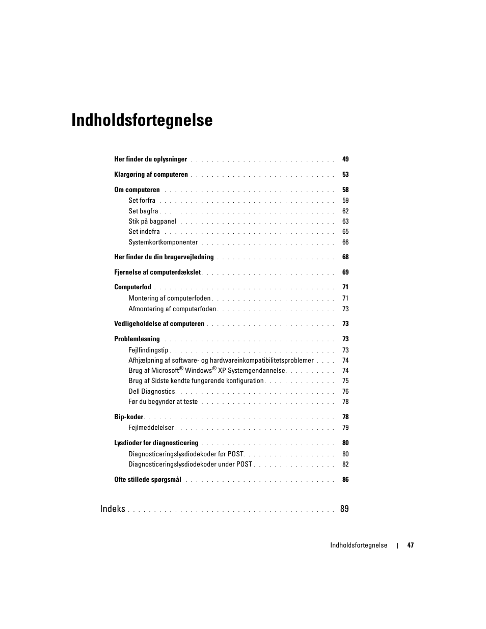 Indholdsfortegnelse, Indeks | Dell Precision 690 User Manual | Page 47 / 360