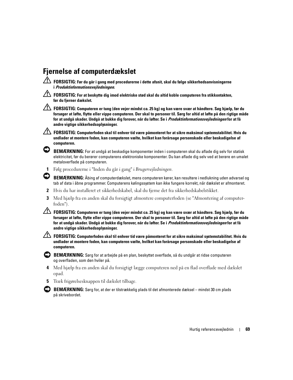 Fjernelse af computerdækslet | Dell Precision 690 User Manual | Page 69 / 360
