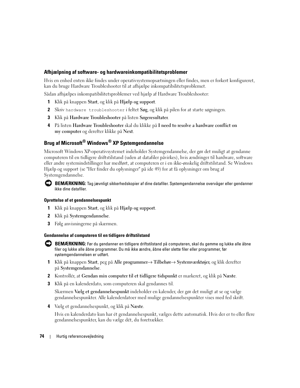 Brug af microsoft® windows® xp systemgendannelse, Brug af microsoft, Windows | Xp systemgendannelse | Dell Precision 690 User Manual | Page 74 / 360