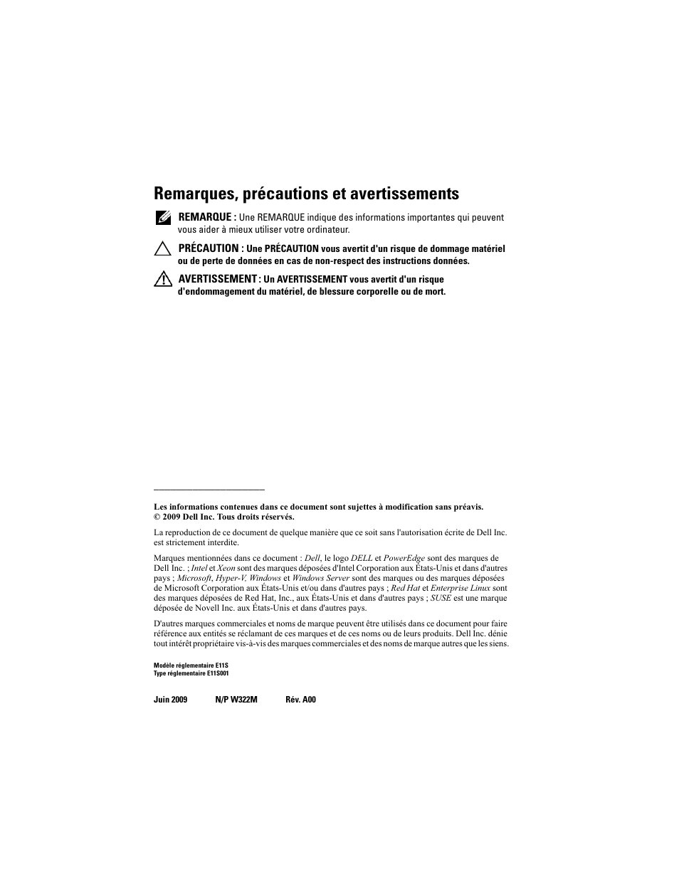Remarques, précautions et avertissements | Dell PowerEdge T110 User Manual | Page 28 / 110