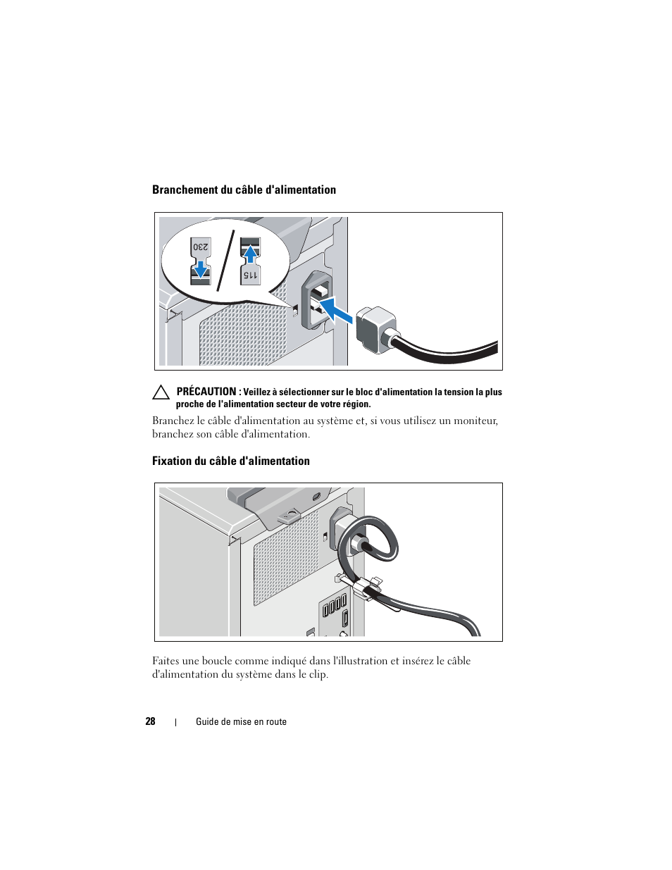 Branchement du câble d'alimentation, Fixation du câble d'alimentation | Dell PowerEdge T110 User Manual | Page 30 / 110