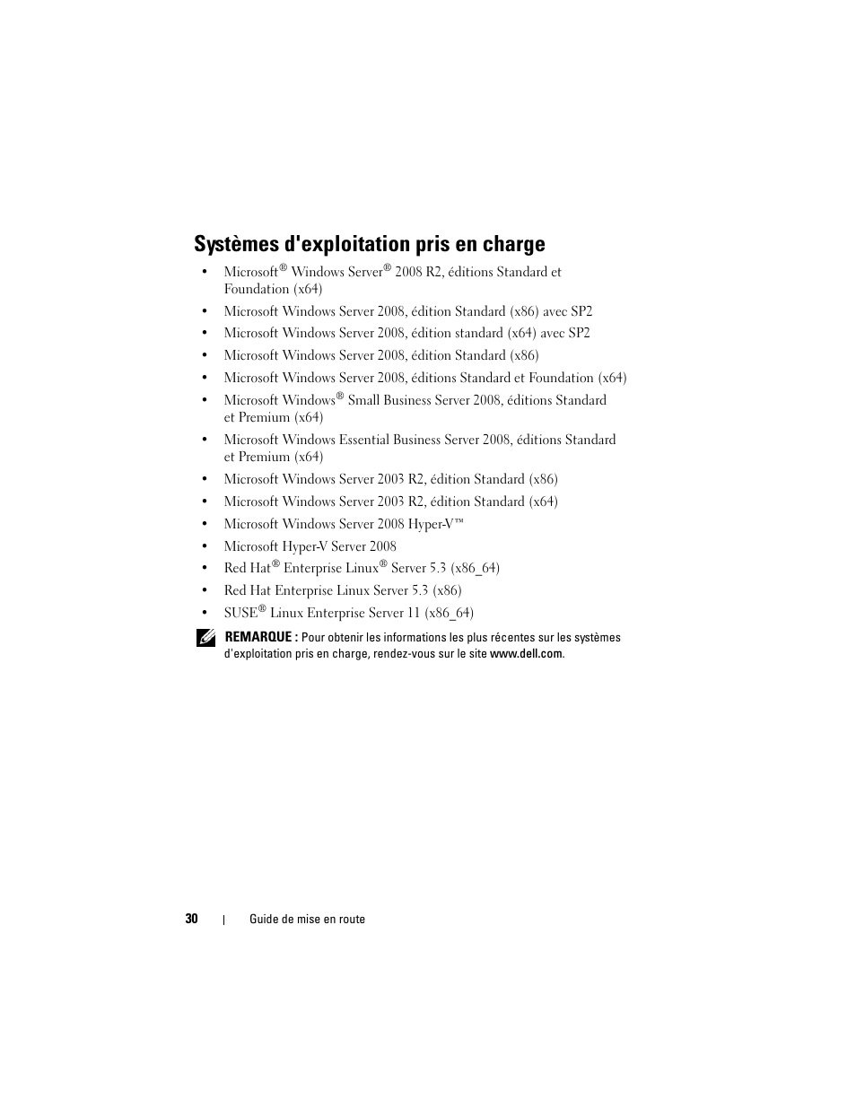 Systèmes d'exploitation pris en charge | Dell PowerEdge T110 User Manual | Page 32 / 110