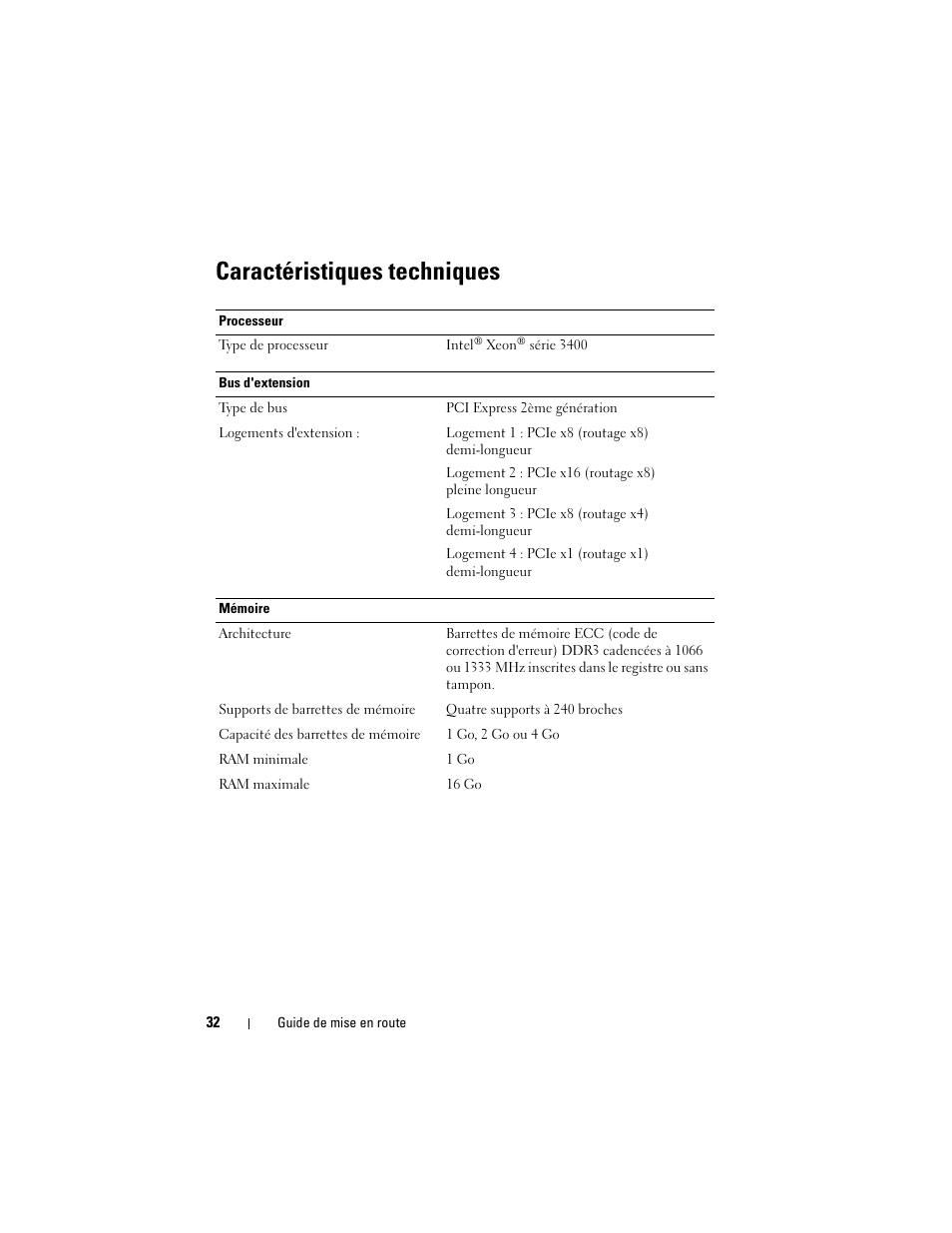 Caractéristiques techniques | Dell PowerEdge T110 User Manual | Page 34 / 110